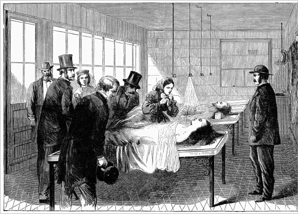 The morgue at Bellevue Hospital in New York City. Wood engraving, American, 1866