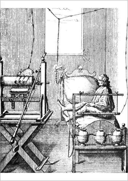 A hopeful paralytic tries the electric cure. Wood engraving, 18th century
