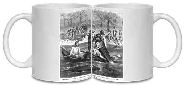 Bodies of cholera victims washed down the Mississippi River near St. Louis. Wood engraving from an American newspaper of 1868