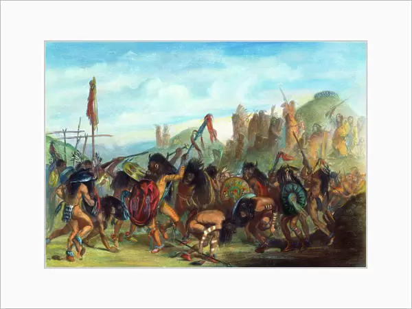 Bison dance of the Mandan Native Americans in front of their medicine lodge. Aquatint engraving, 1844, after Karl Bodmer