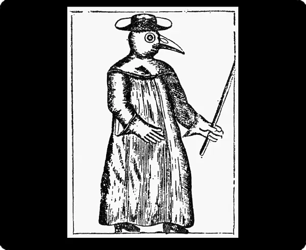 Contemporary engraving showing the costume worn by physicians during the plague at Marseilles, France, in 1720