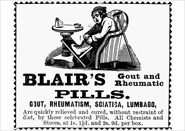 Advertisement for Blairs Gout and Rheumatic Pills. Line engraving, English, 1898