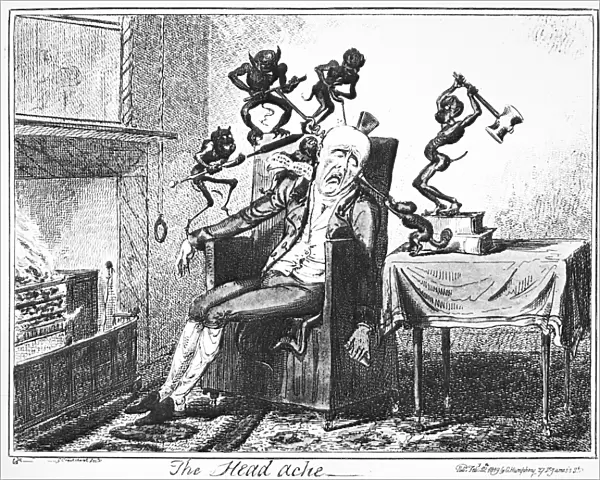 The Headache. Etching, 1819, by George Cruikshank