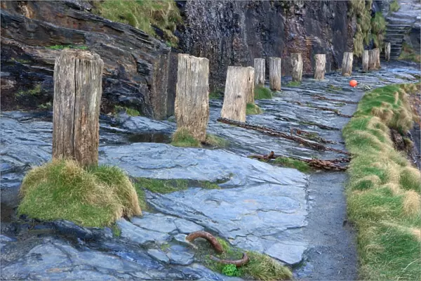 Boscastle. A row of bollards on the quayside around the harbour in the