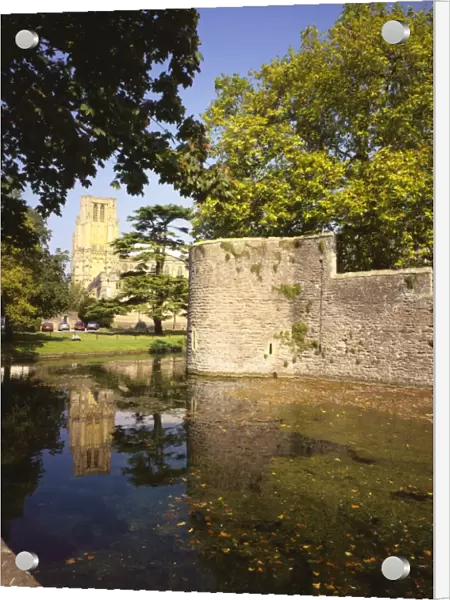 Wells. The Cathedral reflected in the moat around the Bishops Palace at Wells in Somerset