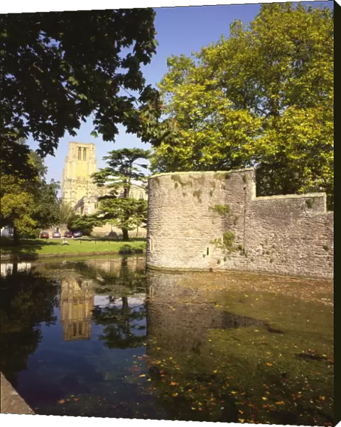 Wells. The Cathedral reflected in the moat around the Bishops Palace at Wells in Somerset