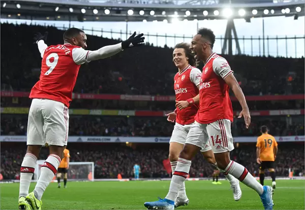 Arsenal's Aubameyang and Lacazette Celebrate Goal Against Wolverhampton Wanderers, Premier League 2019-20