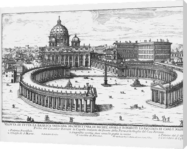 Italy, Vatican City, View of Piazza San Pietro with the Basilica of Saint Peter and the Vatican Palaces, engraving by Giovanni Battista Falda (1643-1678), circa 1665