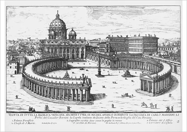 Italy, Vatican City, View of Piazza San Pietro with the Basilica of Saint Peter and the Vatican Palaces, engraving by Giovanni Battista Falda (1643-1678), circa 1665