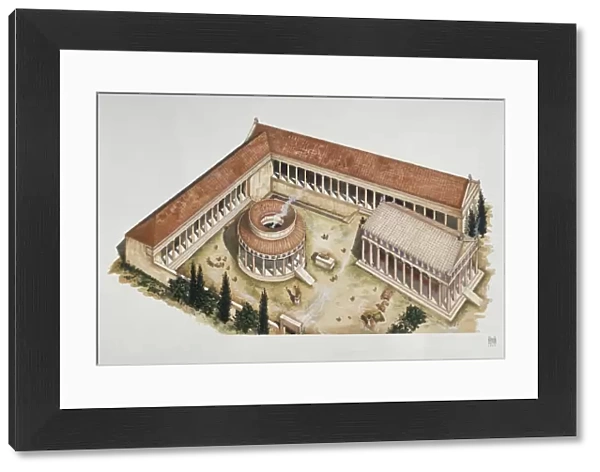 Illustration representing reconstruction of ceremonial circular tholos and temple of Asclepius, Epidaurus, Greece
