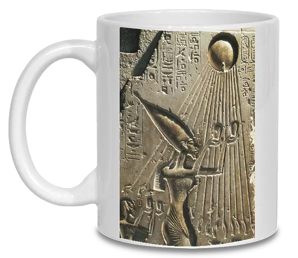 Egypt, Tell el-Amarna, Bas-relief depicting Amenhotep IV (Pharaoh Akhenaten, circa1360- 1342) while worshiping the solar disc, eighteenth dynasty, New Kingdom, limestone
