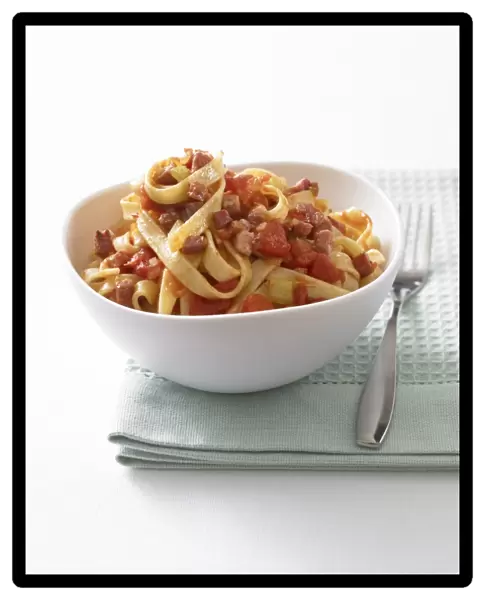 Tagliatelle all Amattriciana, pasta with pancetta in a spicy tomato sauce