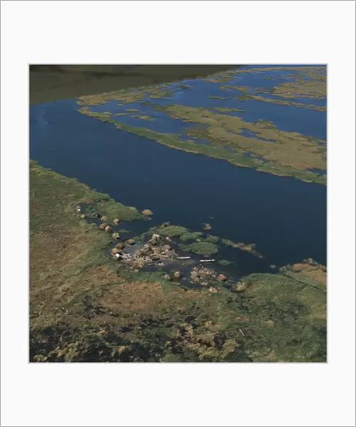 Zambia, Aerial view of fishing village by Kafue River