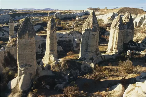 Turkey, Cappadocia, Goreme Valley, Aerial view of rock formations known as Fairy Chimneys
