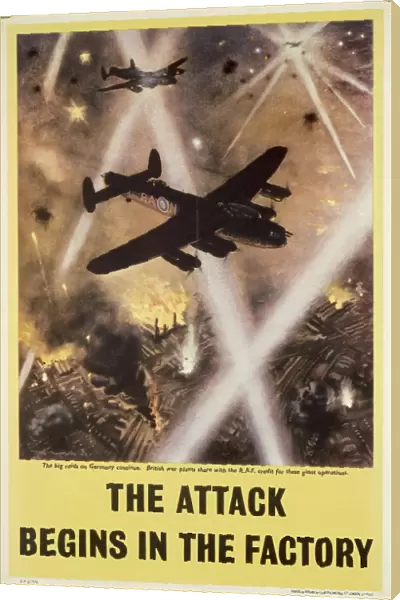 Attack begins in factory, propaganda poster from World War II