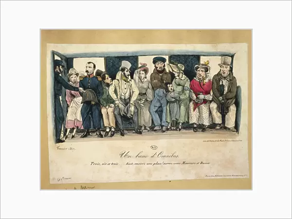Caricature of people on bus seat (Un banc d Omnibus Trois, six et trois... huit encore une place! Serrez-vous Messieurs et Dames) by Fournier, Engraving, 1829
