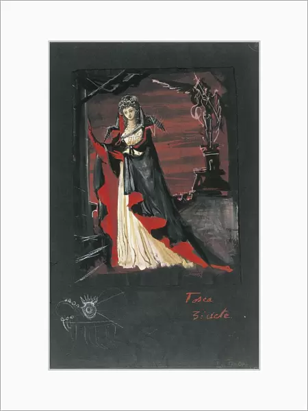 France, Paris, Costume sketch for Tosca in act II inopera tosca by Giacomo Puccini (1858-1924), performance at Paris Opera, June 10, 1960