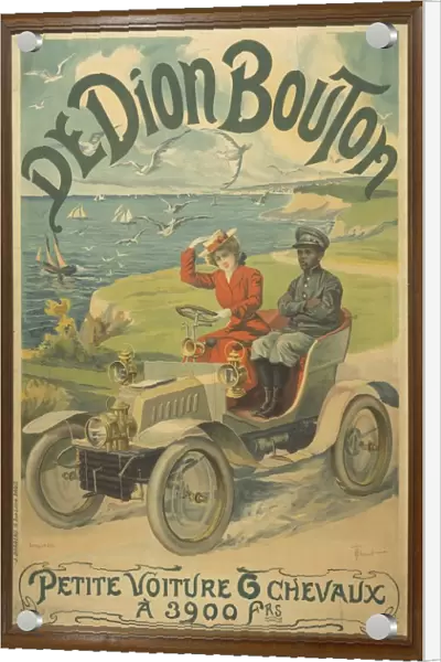 Advertisement for car depicting La Belle Otero at wheel and Michel Zelete, valet of marquis of Dijon beside her, Illustration by Henry Thiriet, 1901
