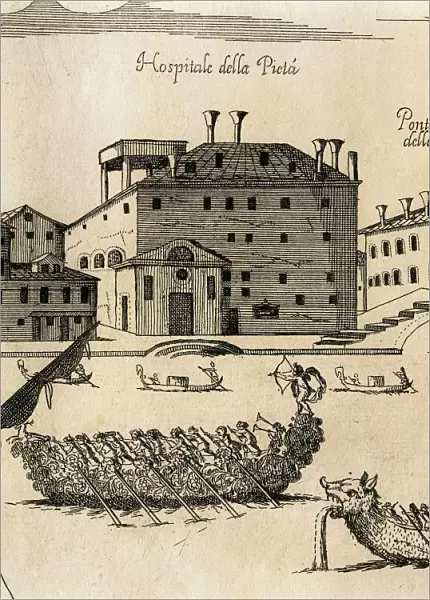 Italy, Venice, Perspective view of the Grand Canal with the Ospedale della Pieta, engraving by A. Porzio and A. Della Via, 1686