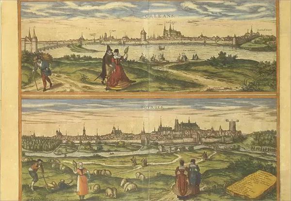 Map of Orleans and Bourges from Civitates Orbis Terrarum by Georg Braun, 1541-1622 and Franz Hogenberg, 1540-1590, engraving