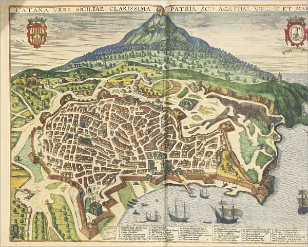 The city of Catania, from Civitates Orbis Terrarum by Georg Braun, 1541-1622 and Franz Hogenberg, 1540-1590, engraving