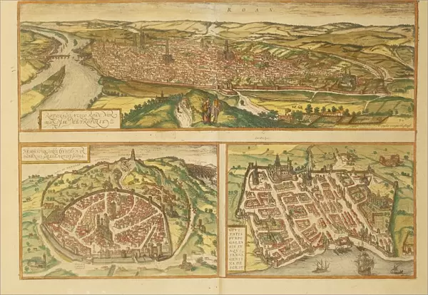 Map of Rouen, Nimes and Bordeaux from Civitates Orbis Terrarum by Georg Braun, 1541-1622 and Franz Hogenberg, 1540-1590, engraving