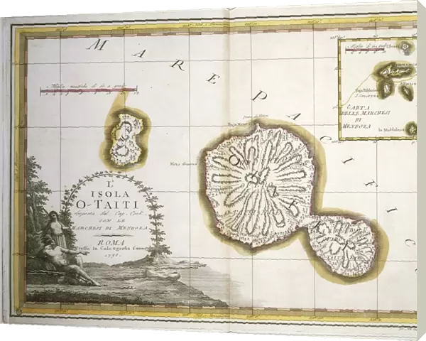 Polynesia, Tahiti Island and the Marquesas Islands, engraving based on maps drawn by James Cook