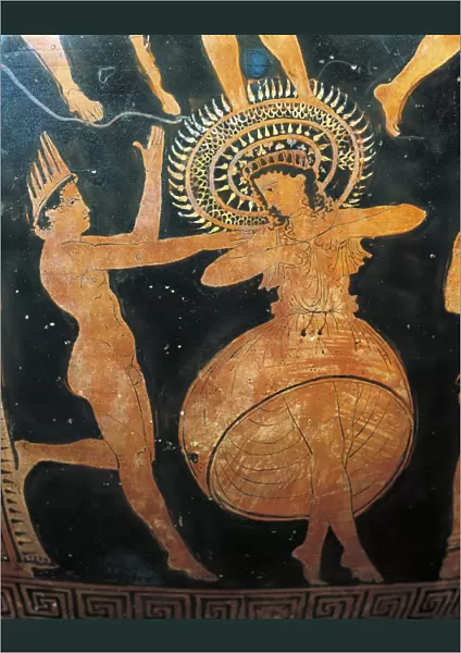 Italy, Apulia, Detail of Krater (vase used to mix wine and water) depicting a dance scene, painted by Carnee Painter