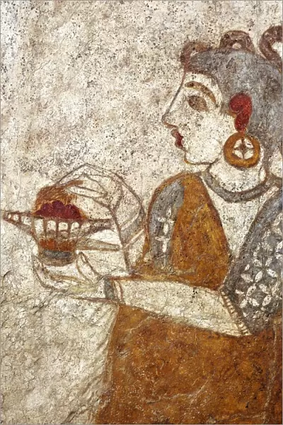 Greek civilization, fresco depicting priestess burning incense, from Akrotiri, Thera Island, Santorini, Greece