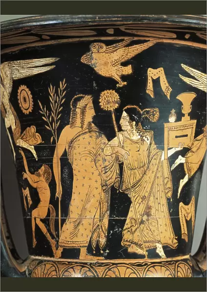 Red-figure pottery, Krater, from Civita Castellana, ancient Falerii, Rome province, Italy, detail, crowned Dionysus and Ariadne
