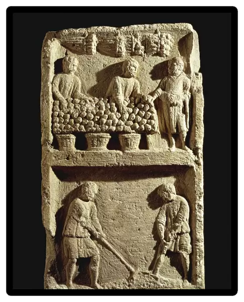 Pillar of the Farmer: fruit market and two peasants working the land from France, Roman civilization