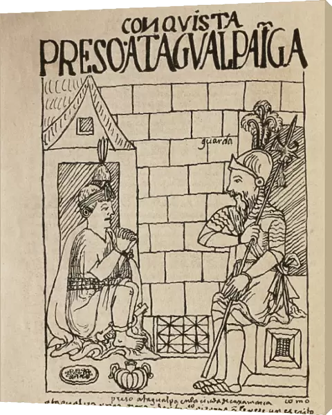 Illustration from New Chronicle and Good Government by Felipe Guaman Poma de Ayala representing Inca King Atahuallpa prisoner of Spanish conqueror Pizarro in Cajamarca, in 1533