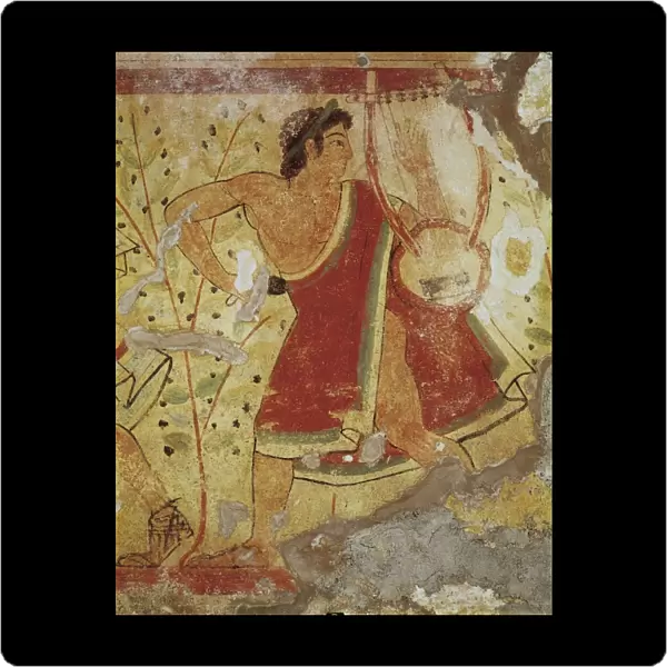 Italy, Latium region, Tarquinia, Etruscan Necropolis, Tomb of the Leopards, fresco depicting lyre player