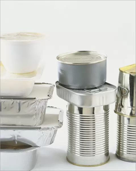 Covenience foods in plastic and foil takeaway containers, and canned foods