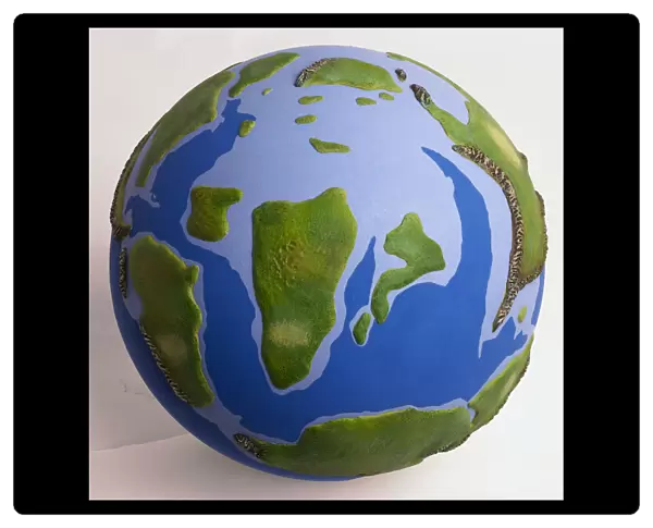 Model, globe of the Earth during the Cretaceous period, time of the dinosaurs with