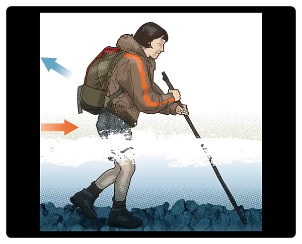 Digital illustration of female hiker wading through water using walking staff to asses depth of fast-flowing river