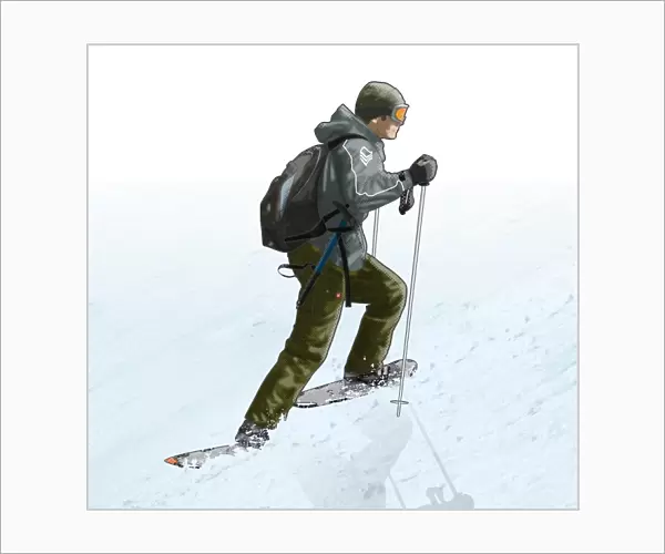 Digital illustration of man wearing protective clothing and using snow shoes and skis to walk on surface of snow