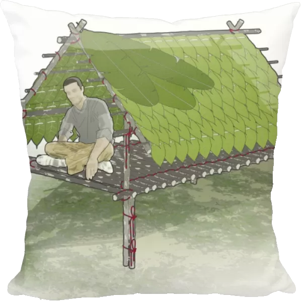 Digital composite illustration of man sitting in jungle hut