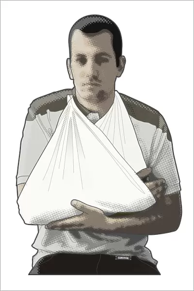 Digital composite illustration of of man supporting arm in sling