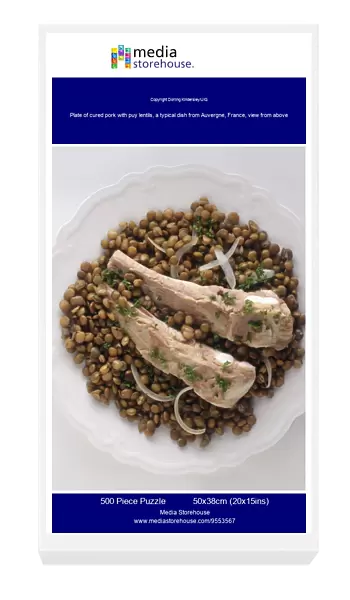 Plate of cured pork with puy lentils, a typical dish from Auvergne, France, view from above