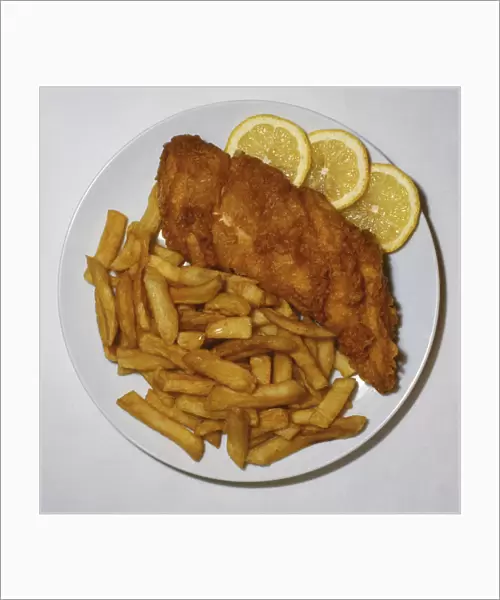 Plate of fish and chips, close up