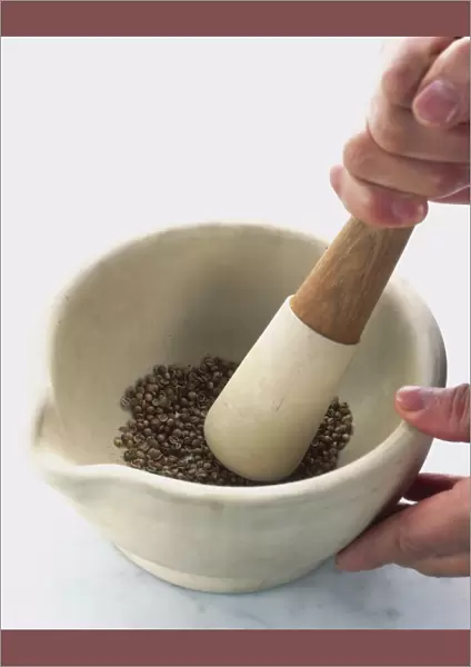 Using mortar and pestle to grind spices, close-up