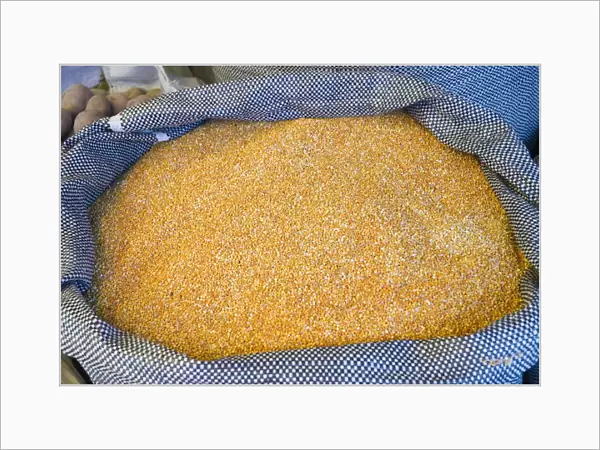 Peru, Calca, sack full of grain at market, close-up