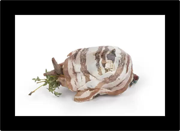 Woodcock wrapped in streaky bacon and stuffed with herbs