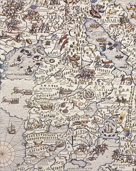 Map of Nordic countries and Lapland, by Olaus Magnus, from Carta Marina, Sea Map, 1539