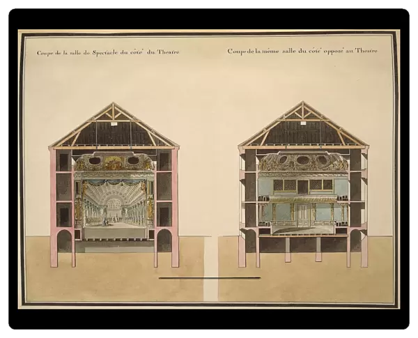Cross section of theatre with stage and stalls, by Claude-Louis Chatelet, watercolor, 1781