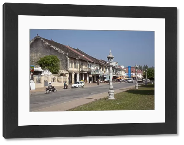 Cambodia, Battambang, French colonial buildings lining riverfront