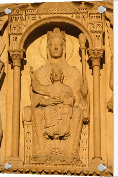 Notre Dame of Paris cathedral Santa Anns gate Virgin and child Jesus holding a bible and blessing the world
