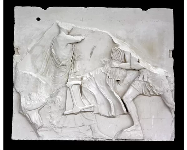 Parthenon frieze depicting men with chariot