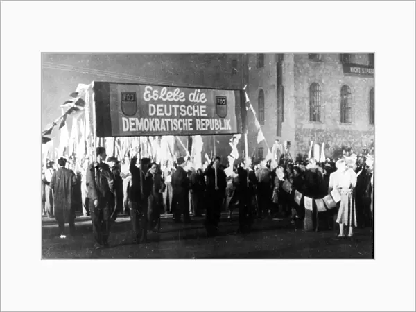 A mighty demonstration was held in berlin in the evening of october 11, 1949 on the occasion of the foundation of the gdr on october 7, 1949, the demonstration was led by members of the free german youth organization